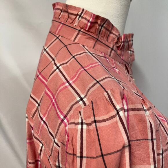 Loft Plaid Ruffle Button Up Blouse Pink Long Sleeve Women SP Preppy Spring New - Picture 8 of 15